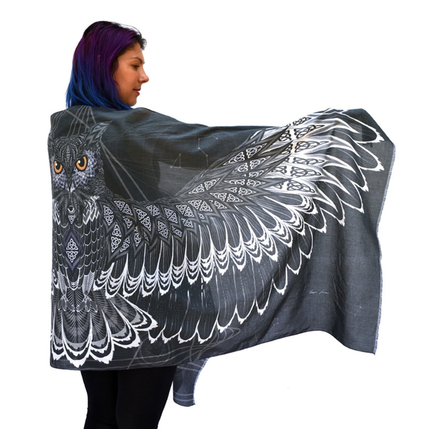 wearable art; owl scarf, wearable art scarf; pure cotton shawl, special gift, graduation gift; mother’s day gift; gift of encouragement; meaningful gift; gift for her; Australian designer; Wayne Tikisci; Teresa Gratkowski; special gift; unisex gift; Pacific Breeze Australia; Pacific Breeze; cotton scarf; soft shawl; gift for grieving; grief gift; thoughtful gift; meaningful gift of encouragement, inspiring gift