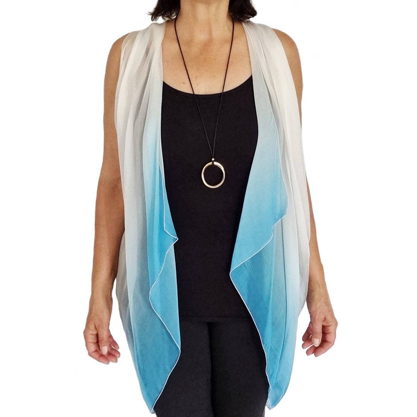 Paris vest, top arm coverage, shoulder cover, resort wear, resort chic top, pure silk scarf and coverup; stylish top, Pacific Breeze, Pacific Breeze Australia, Australian made, timeless style, resort style; travel wear; vacation clothes; pack light; multi-wear garment; versatile holiday wear; Australian designer;