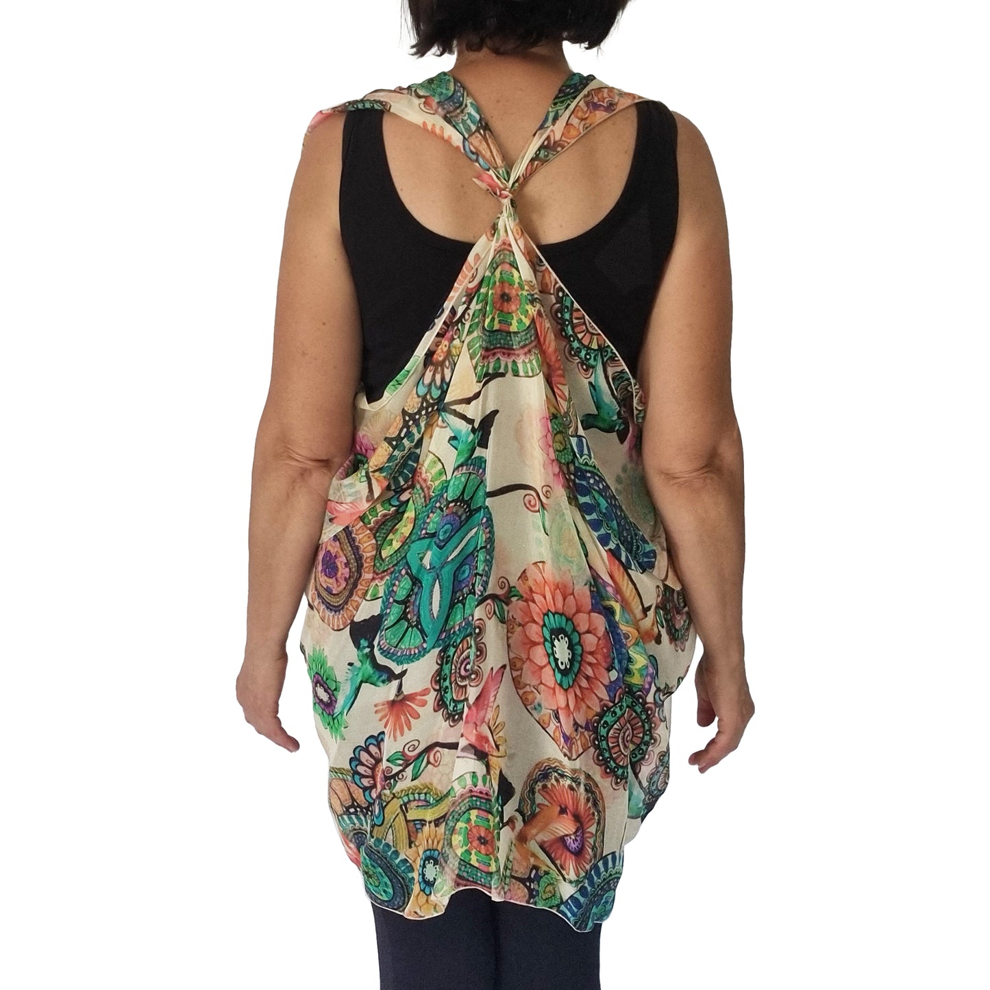 Paris vest, top arm coverage, shoulder cover, resort wear, resort chic top, pure silk scarf and coverup; stylish top, Pacific Breeze, Pacific Breeze Australia, Australian made, timeless style, resort style; travel wear; vacation clothes; pack light; multi-wear garment; versatile holiday wear; Australian designer;