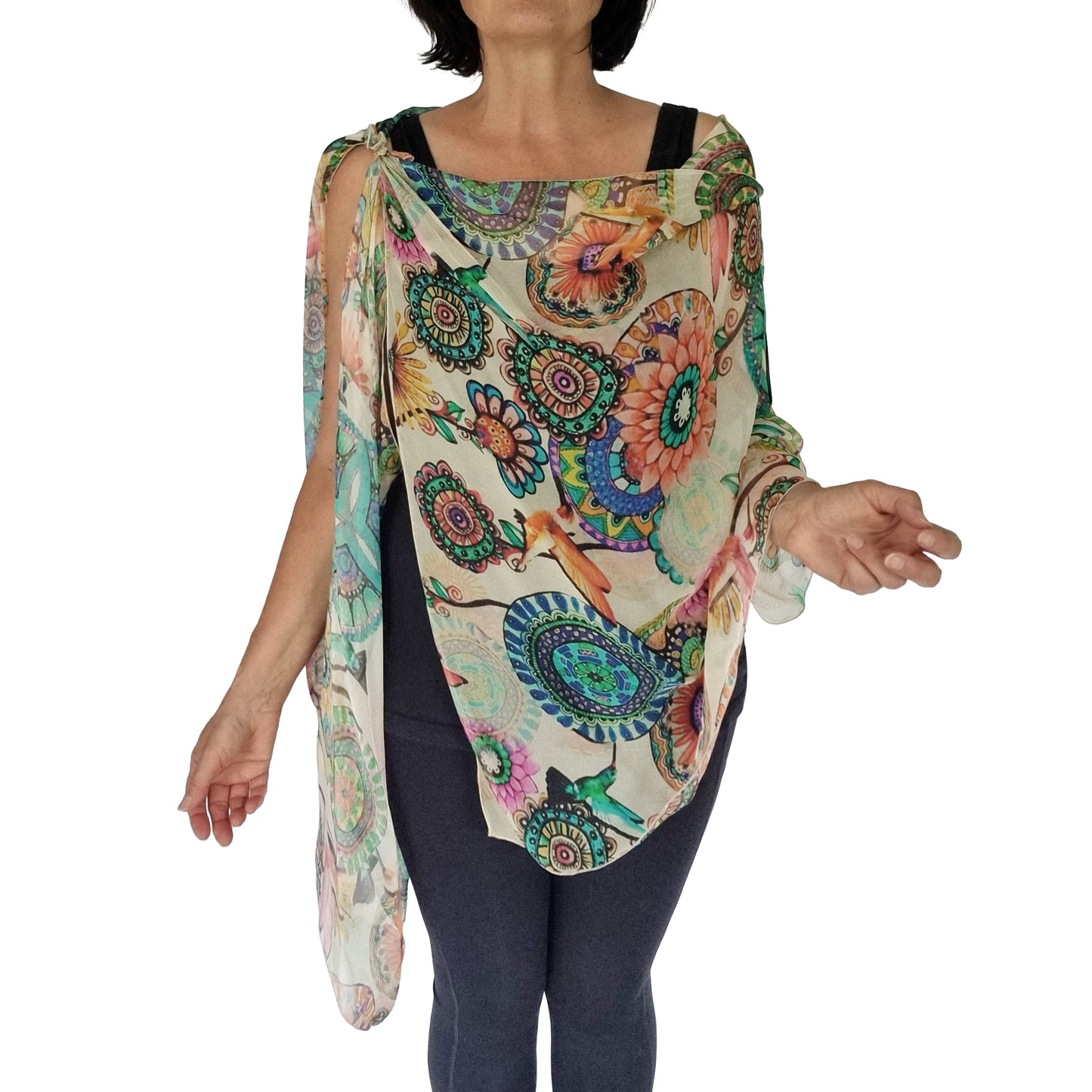 Paris vest, top arm coverage, shoulder cover, resort wear, resort chic top, pure silk scarf and coverup; stylish top, Pacific Breeze, Pacific Breeze Australia, Australian made, timeless style, resort style; travel wear; vacation clothes; pack light; multi-wear garment; versatile holiday wear; Australian designer;