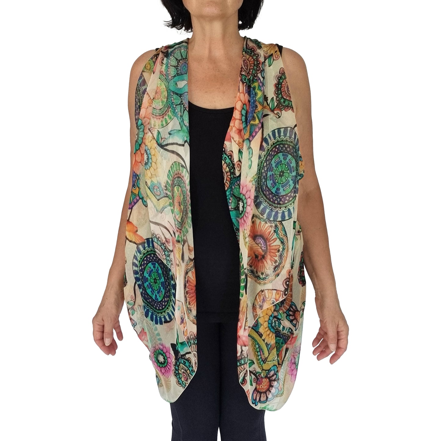 Paris vest, top arm coverage, shoulder cover, resort wear, resort chic top, pure silk scarf and coverup; stylish top, Pacific Breeze, Pacific Breeze Australia, Australian made, timeless style, resort style; travel wear; vacation clothes; pack light; multi-wear garment; versatile holiday wear; Australian designer;