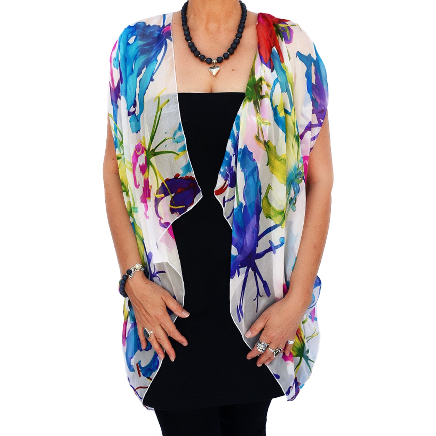 Paris vest, top arm coverage, shoulder cover, resort wear, resort chic top, pure silk scarf and coverup; stylish top, Pacific Breeze, Pacific Breeze Australia, Australian made, timeless style, resort style; travel wear; vacation clothes; pack light; multi-wear garment; versatile holiday wear; Australian designer;
