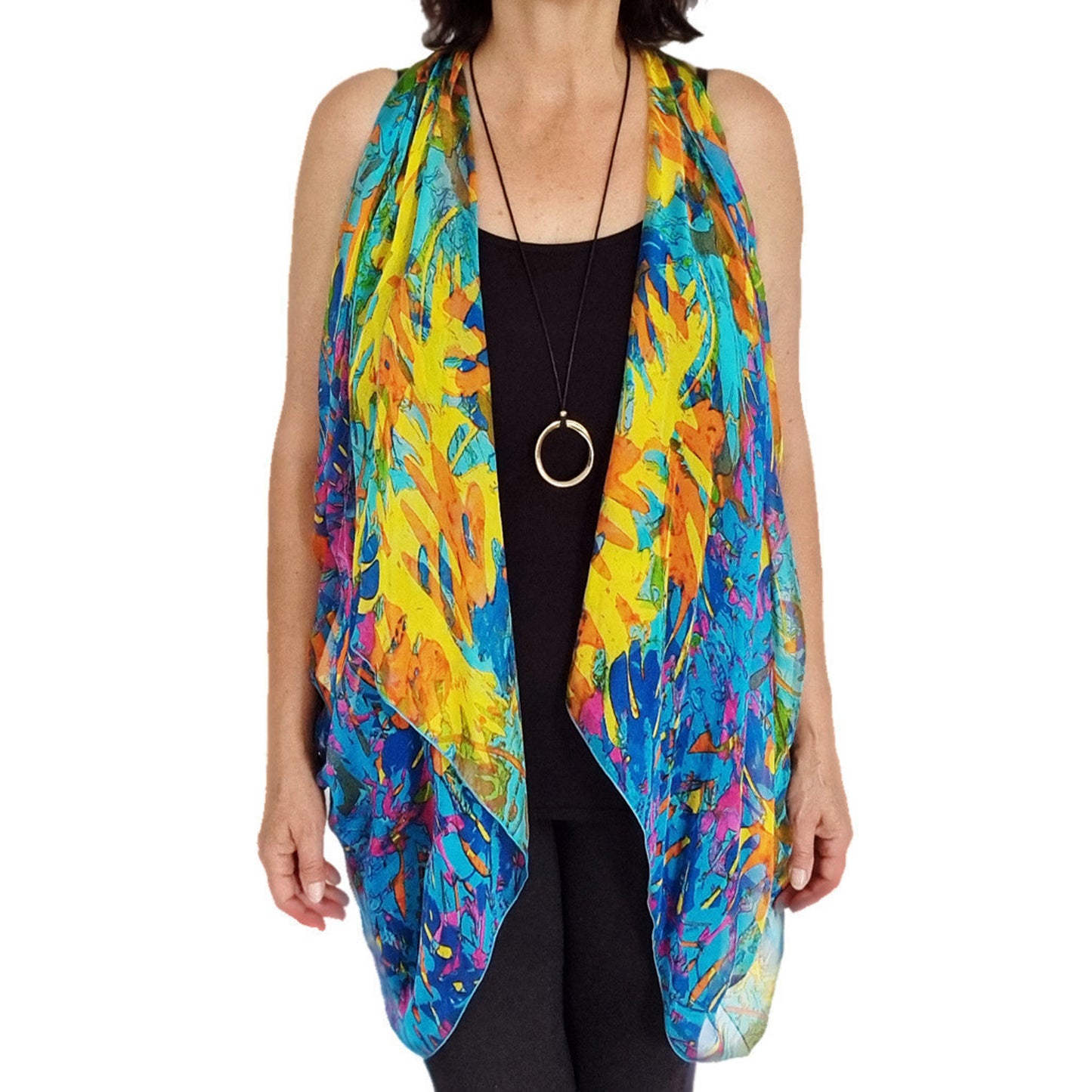 Paris vest, top arm coverage, shoulder cover, resort wear, resort chic top, pure silk scarf and coverup; stylish top, Pacific Breeze, Pacific Breeze Australia, Australian made, timeless style, resort style; travel wear; vacation clothes; pack light; multi-wear garment; versatile holiday wear; Australian designer;