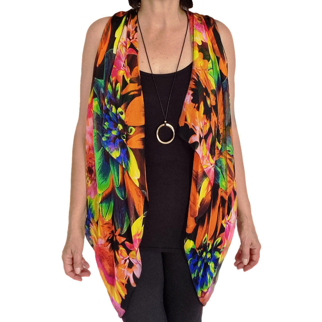 Paris vest, top arm coverage, shoulder cover, resort wear, resort chic top, pure silk scarf and coverup; stylish top, Pacific Breeze, Pacific Breeze Australia, Australian made, timeless style, resort style; travel wear; vacation clothes; pack light; multi-wear garment; versatile holiday wear; Australian designer;