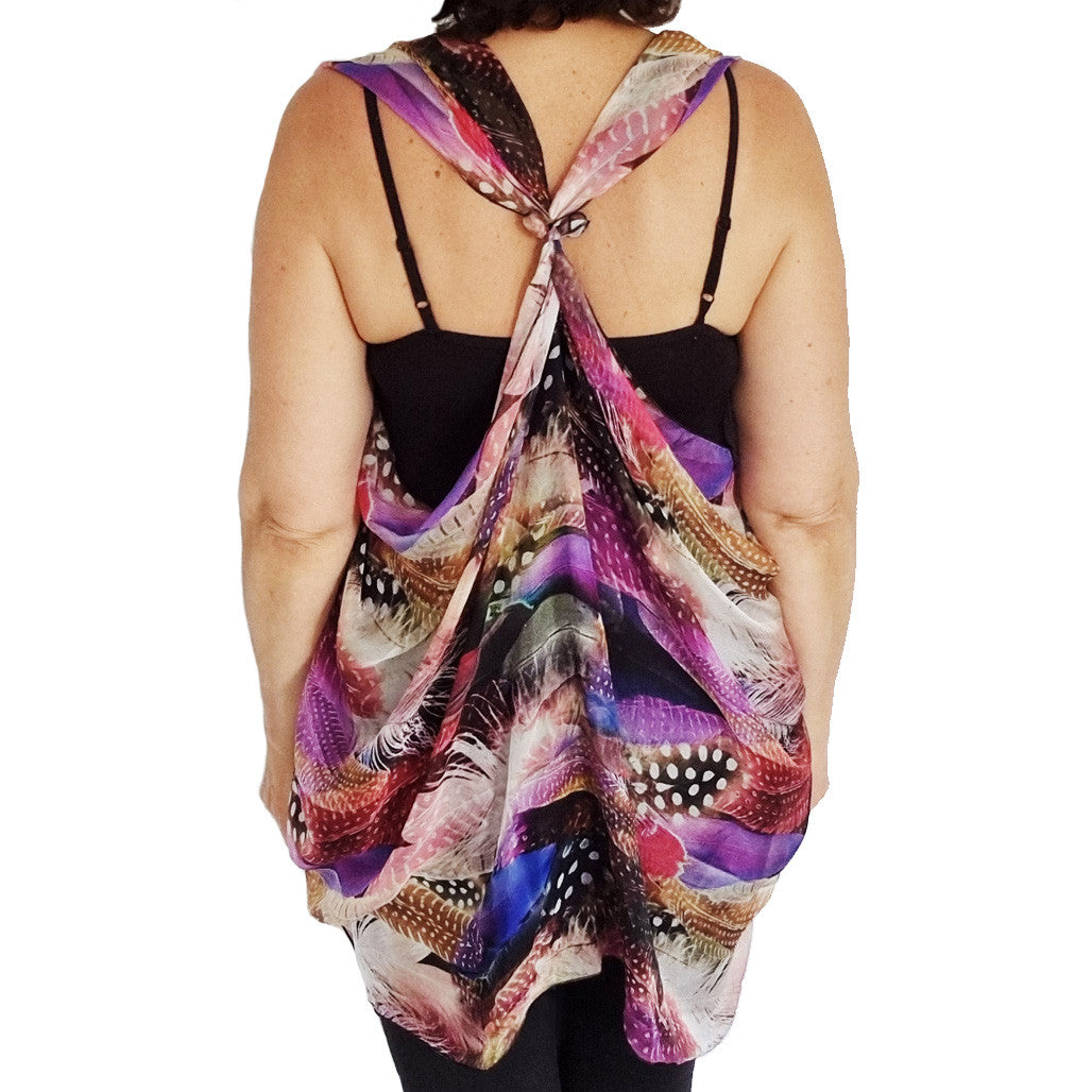 Paris vest, top arm coverage, shoulder cover, resort wear, resort chic top, pure silk scarf and coverup; stylish top, Pacific Breeze, Pacific Breeze Australia, Australian made, timeless style, resort style; travel wear; vacation clothes; pack light; multi-wear garment; versatile holiday wear; Australian designer;