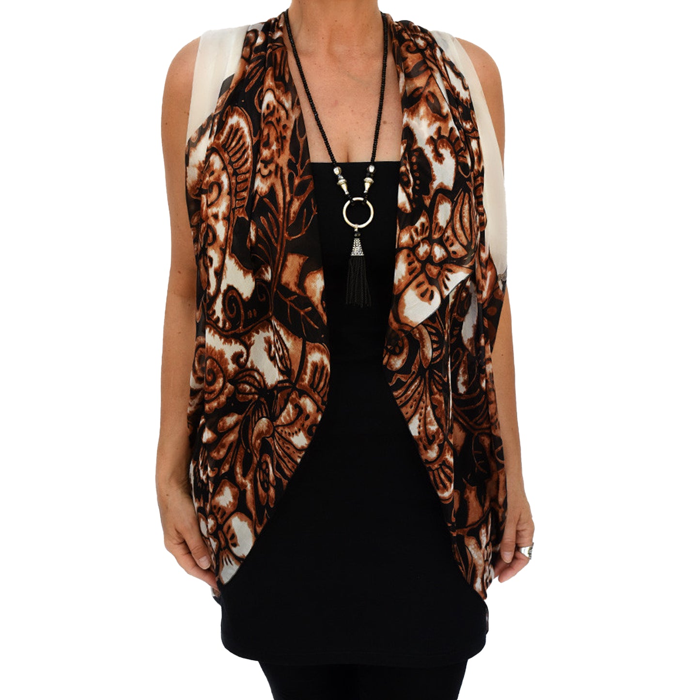 Paris vest, top arm coverage, shoulder cover, resort wear, resort chic top, pure silk scarf and coverup; stylish top, Pacific Breeze, Pacific Breeze Australia, Australian made, timeless style, resort style; travel wear; vacation clothes; pack light; multi-wear garment; versatile holiday wear; Australian designer;