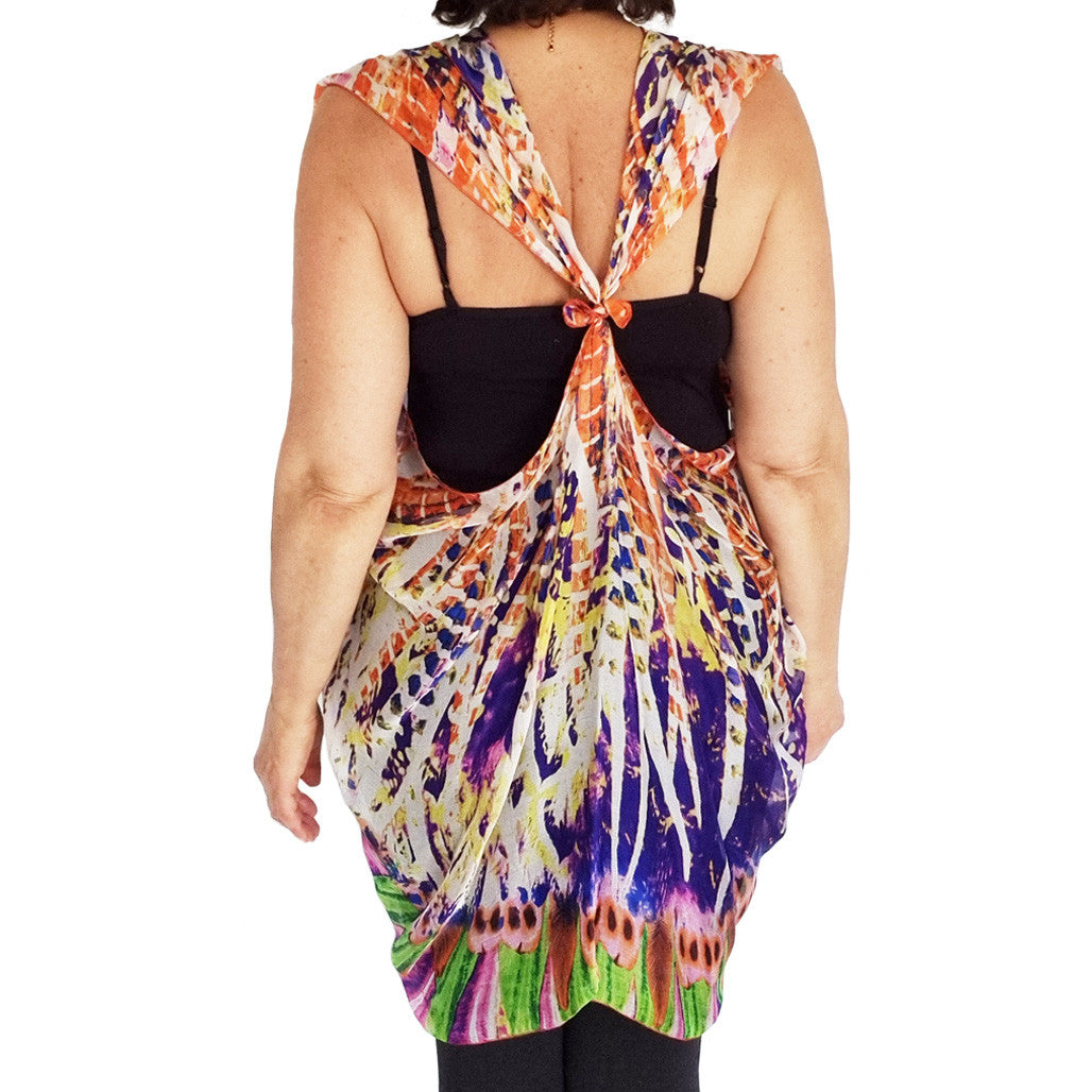 Paris vest, top arm coverage, shoulder cover, resort wear, resort chic top, pure silk scarf and coverup; stylish top, Pacific Breeze, Pacific Breeze Australia, Australian made, timeless style, resort style; travel wear; vacation clothes; pack light; multi-wear garment; versatile holiday wear; Australian designer;