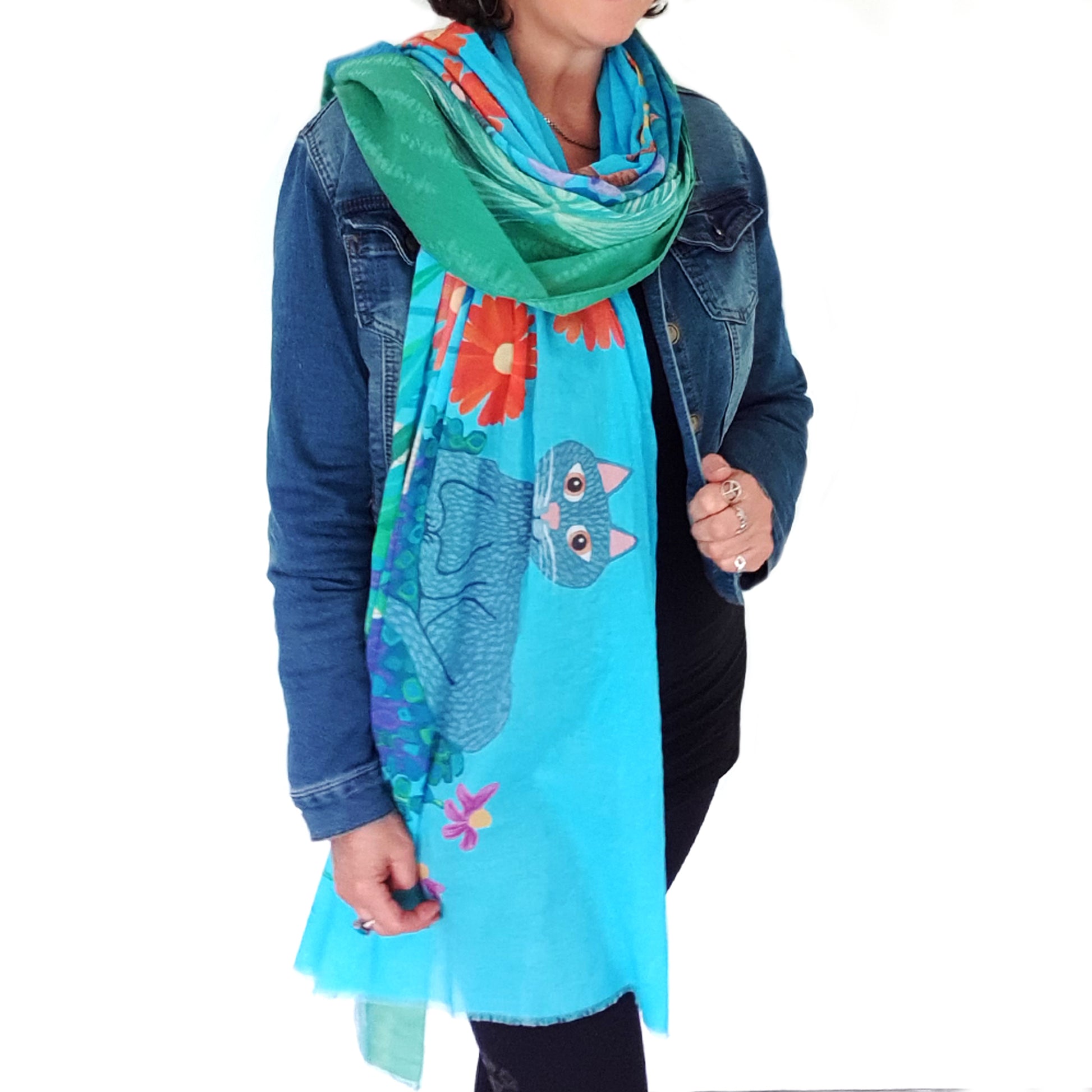cat scarf, gift for cat lover, crazy cat lady gift, fun gift for cat lover, wearable art, wearable art scarf, graduation gift, mothers day gift, gift of encouragement, meaningful gift, gift for her, Australian designer, Lisa Frances Judd, Teresa Gratkowski, special gift, unisex gift, Pacific Breeze Australia, Pacific Breeze, soft cotton scarf, soft shawl, unique gift, thoughtful gift, meaningful gift, Australian design