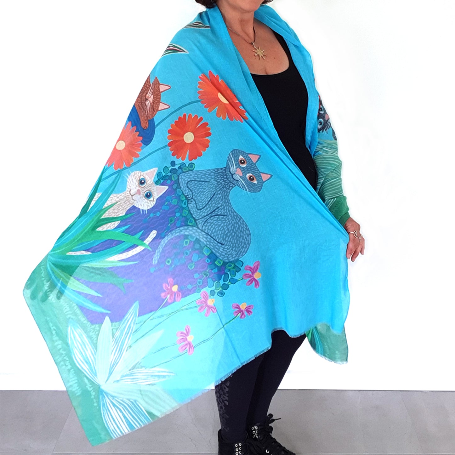 cat scarf, gift for cat lover, crazy cat lady gift, fun gift for cat lover, wearable art, wearable art scarf, graduation gift, mothers day gift, gift of encouragement, meaningful gift, gift for her, Australian designer, Lisa Frances Judd, Teresa Gratkowski, special gift, unisex gift, Pacific Breeze Australia, Pacific Breeze, soft cotton scarf, soft shawl, unique gift, thoughtful gift, meaningful gift, Australian design