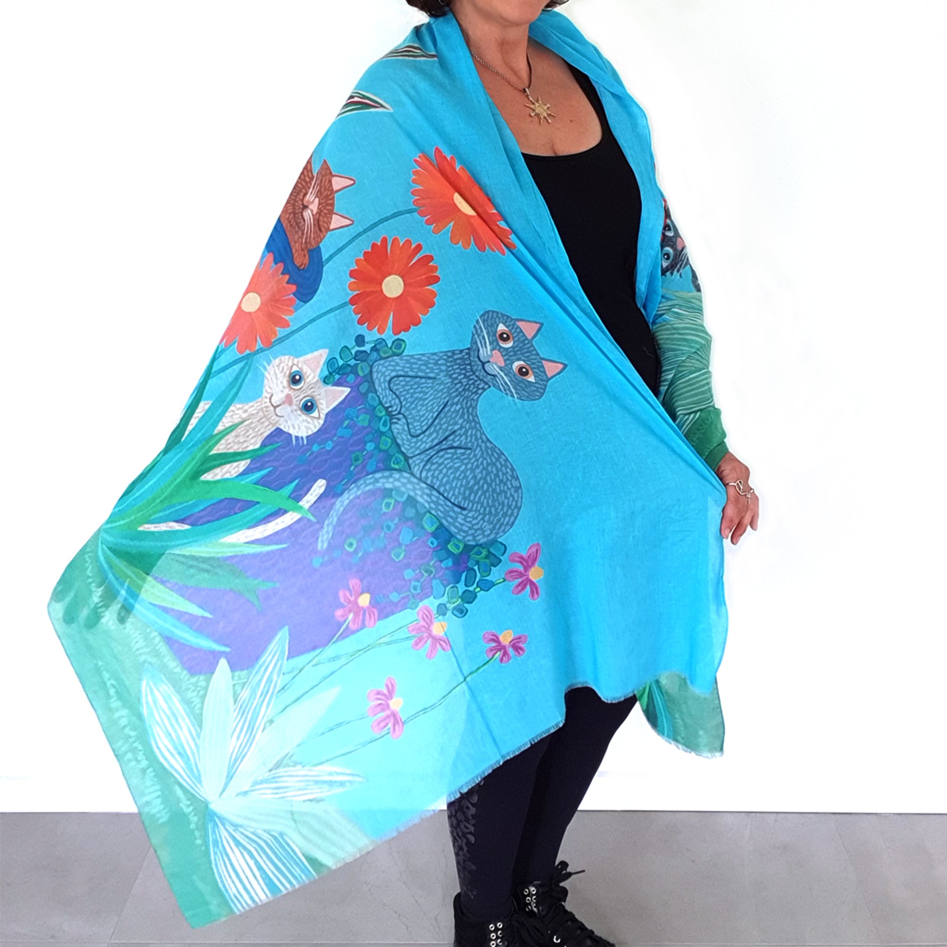 cat scarf, gift for cat lover, crazy cat lady gift, fun gift for cat lover, wearable art, wearable art scarf, graduation gift, mothers day gift, gift of encouragement, meaningful gift, gift for her, Australian designer, Lisa Frances Judd, Teresa Gratkowski, special gift, unisex gift, Pacific Breeze Australia, Pacific Breeze, soft cotton scarf, soft shawl, unique gift, thoughtful gift, meaningful gift, Australian design