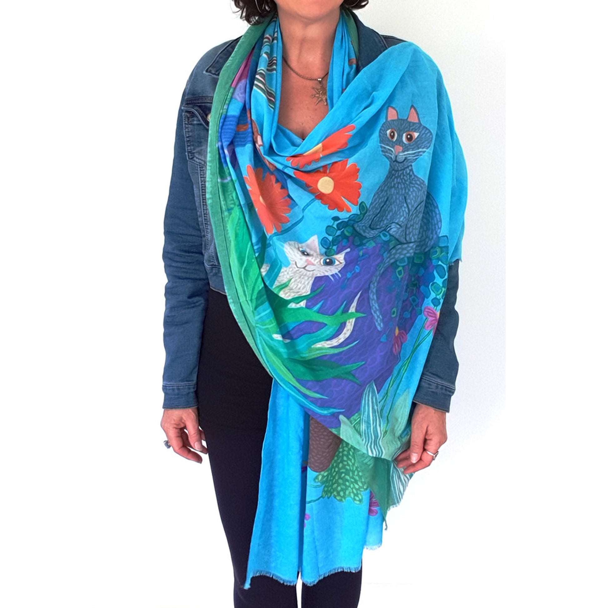 cat scarf, gift for cat lover, crazy cat lady gift, fun gift for cat lover, wearable art, wearable art scarf, graduation gift, mothers day gift, gift of encouragement, meaningful gift, gift for her, Australian designer, Lisa Frances Judd, Teresa Gratkowski, special gift, unisex gift, Pacific Breeze Australia, Pacific Breeze, soft cotton scarf, soft shawl, unique gift, thoughtful gift, meaningful gift, Australian design